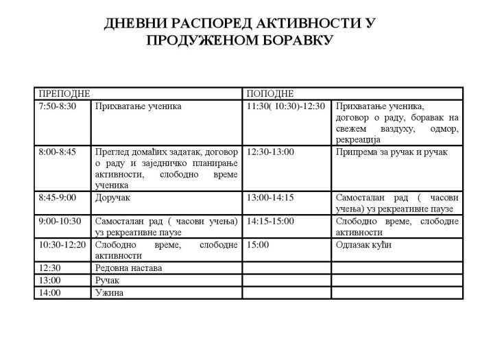 dnevni raspored aktivnosti u produzenom boravku